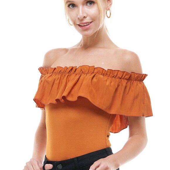 NWOT | TCEC Ruffle Off Shoulder Bodysuit – Camel – S – CT7370 - Picture 4 of 9
